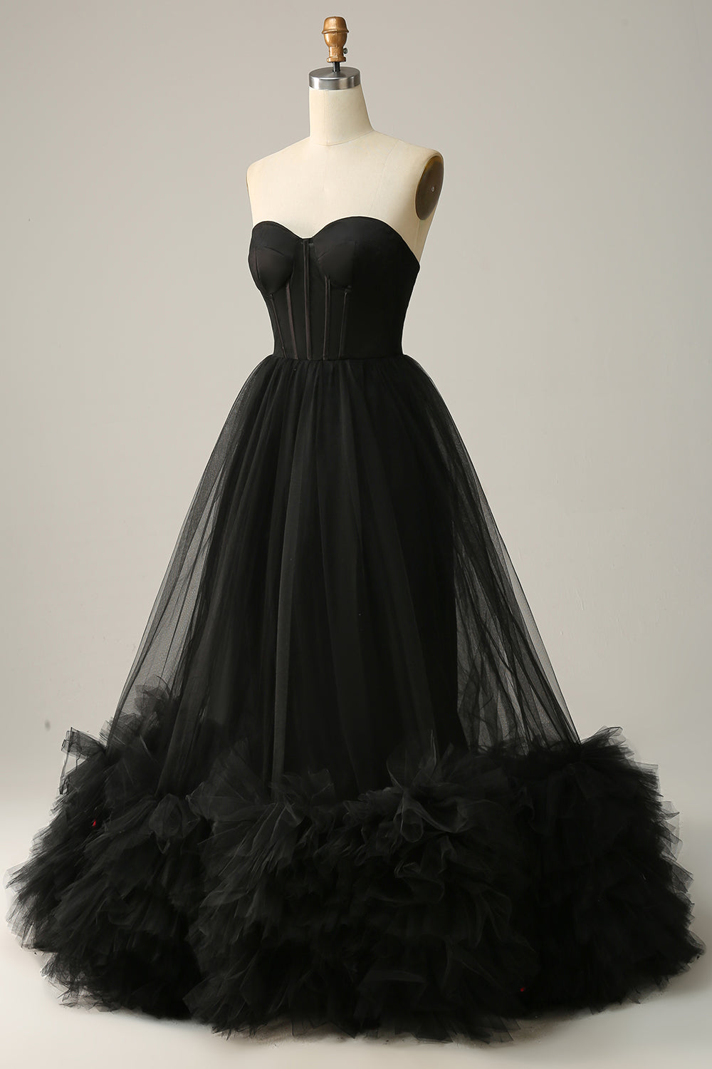 A Line Sweetheart Black Corset Prom Dress with Ruffled