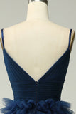 A Line Spaghetti Straps Navy Long Prom Dress with Ruffles