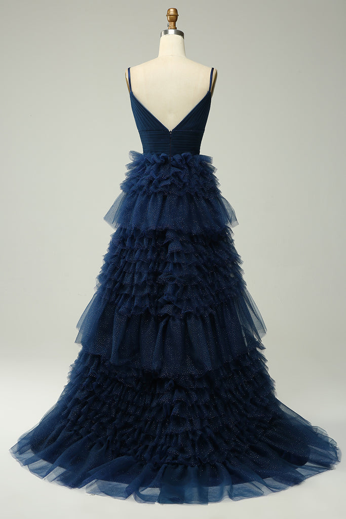 A Line Spaghetti Applique Ruffles Tulle Lace Up Prom Dresses LBQ2379 main image 1