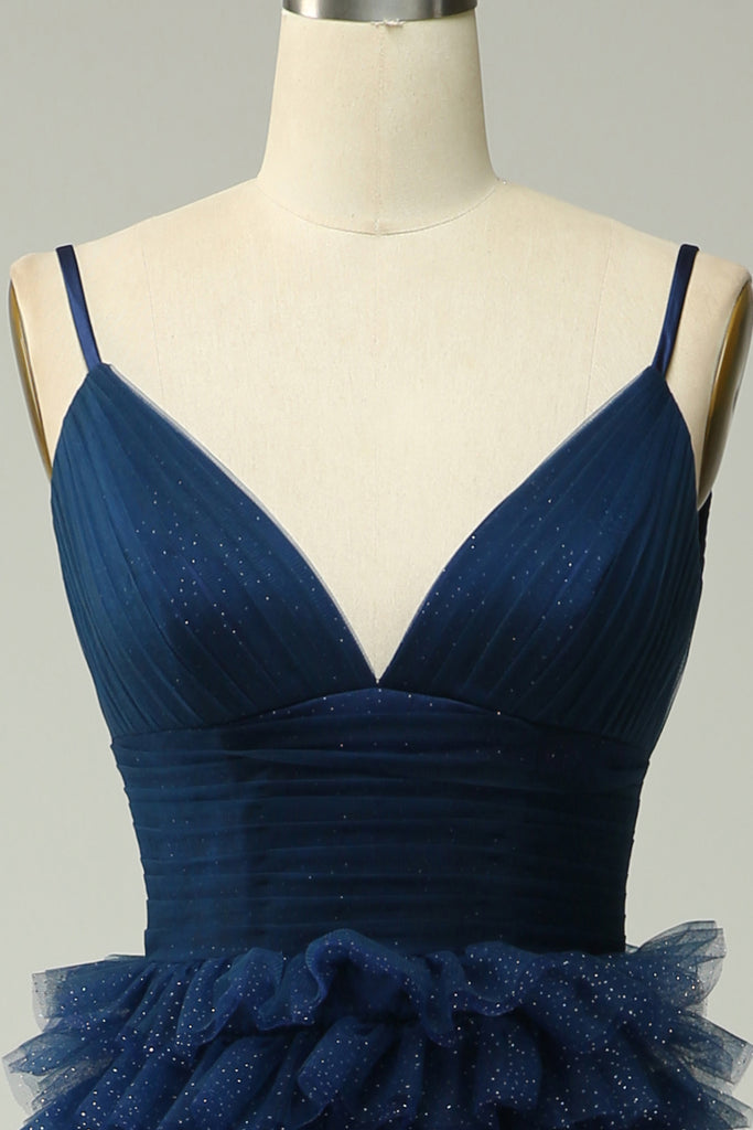 Navy Twist-Front Long Side Slit Slim-fit Formal Dress with Spaghetti Straps