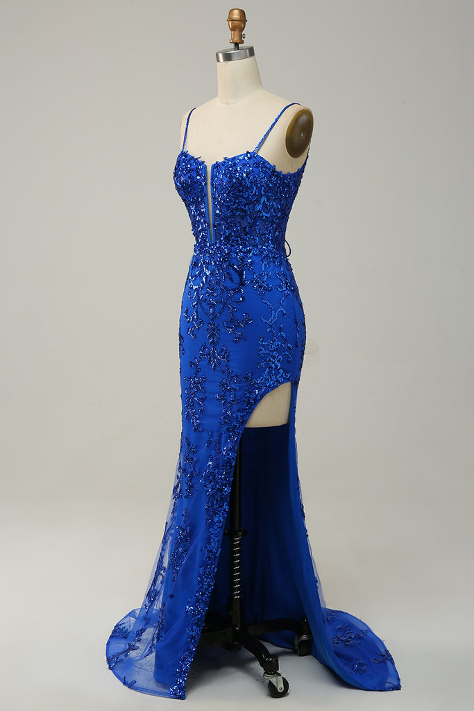 Red Sequin Mermaid Evening Dress with Split Spaghetti-Straps main image 1