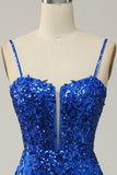 Mermaid Spaghetti Straps Royal Blue Sequins Long Prom Dress with Split Front