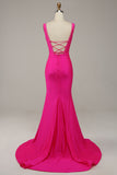 Fuchsia Mermaid V-Neck Beaded Prom Dress