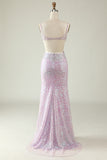 Sheath V Neck Lilac Sequins Long Prom Dress with Split Front
