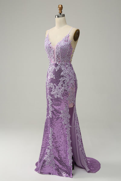 Zapaka Women Purple Long Prom Dress Mermaid Spaghetti Straps Formal ...