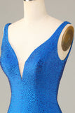 Sheath Deep V Neck Blue Short Homecoming Dress with Beading