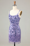 Sparkly Purple Sequins Spaghetti Straps Short Homecoming Dress with Fringes
