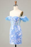 Gorgeous Sheath Off the Shoulder Blue Short Homecoming Dress with Feather