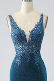 Glitter Dark Blue Mermaid Prom Dress with Beading