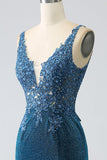 Glitter Dark Blue Mermaid Prom Dress with Beading