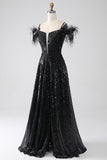 A-Line Cold Shoulder Sequins Long Prom Dress with Slit