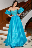 A-Line Blue Corset Prom Dress with Beading