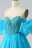 Blue Beaded Corset Prom Dress with Detachable Sleeves