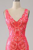 Coral Charming Mermaid Deep V Neck Sparkly Sequin Prom Dress with Embroidery