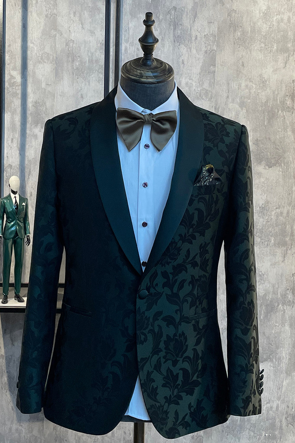 Zapaka Men Dark Green 2-Piece Jacquard Prom Suits Shawl Lapel One