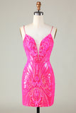 Trend Hot Pink Lace Up Tight Glitter Homecoming Dress