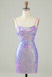 Sparkly Purple Sequin Backless Tight Short Homecoming Dress