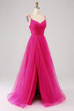 Fuchsia A-Line Spaghetti Straps Long Corset Prom Dress with Slit