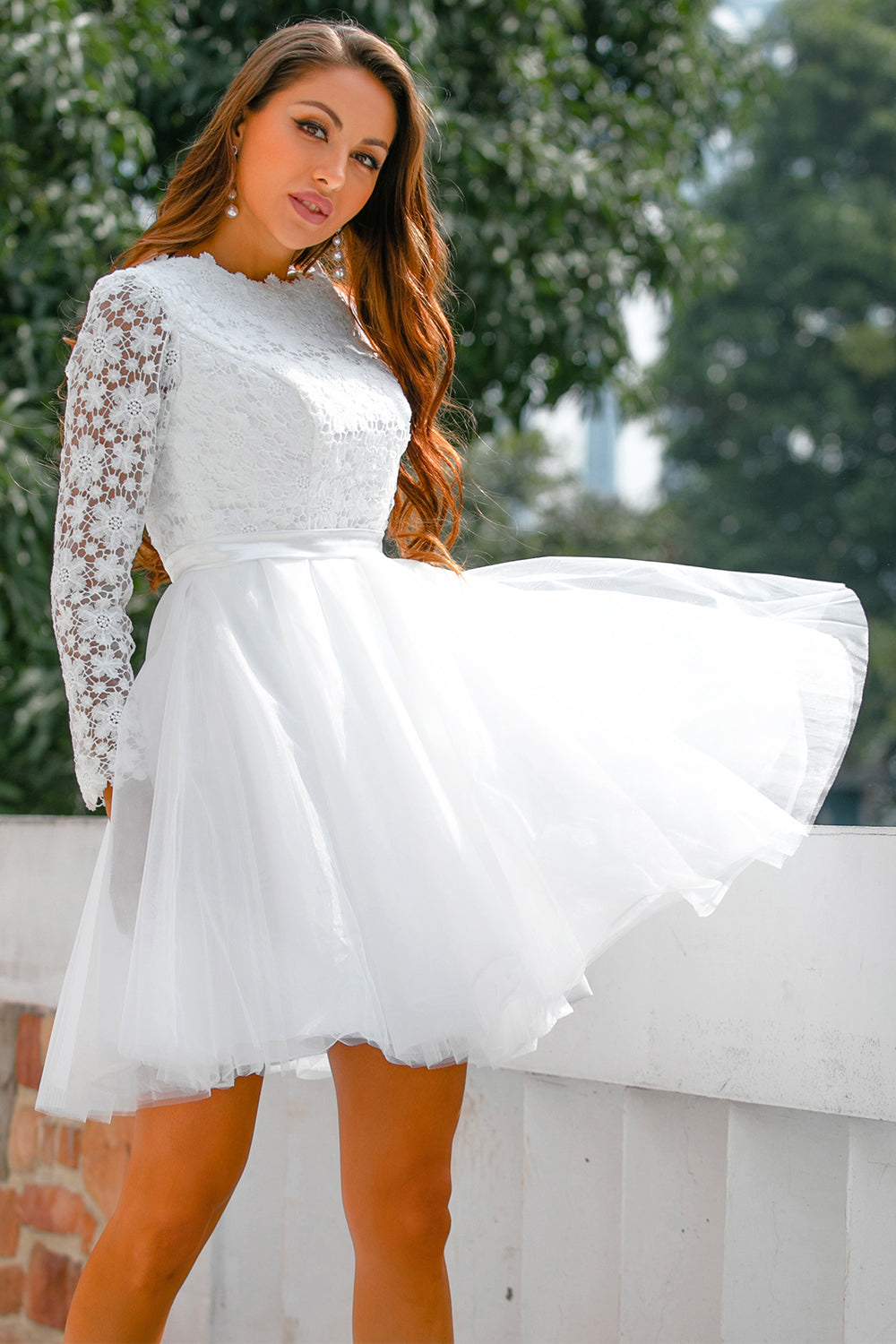Long Sleeves Short Flower Tulle White Bridal Dress – ZAPAKA