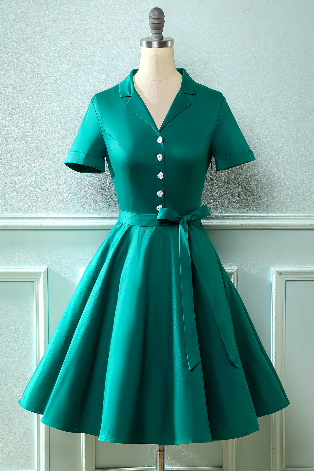 Army Green V Neck 1950s Dress with Bowknot