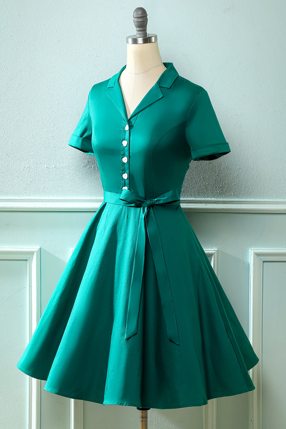 Army Green V Neck 1950s Dress with Bowknot