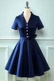 Navy V Neck 1950s Dress with Bowknot