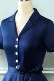 Navy V Neck 1950s Dress with Bowknot