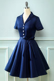 Navy V Neck 1950s Dress with Bowknot