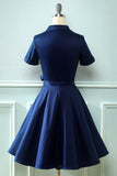 Navy V Neck 1950s Dress with Bowknot