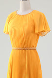 A-Line Round Neck Pleated Yellow Mother of Bride Dress With Short Sleeves
