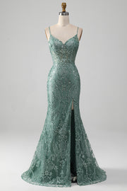 Sparkly Grey Green Mermaid Spaghetti Straps Long Prom Dress with Beading