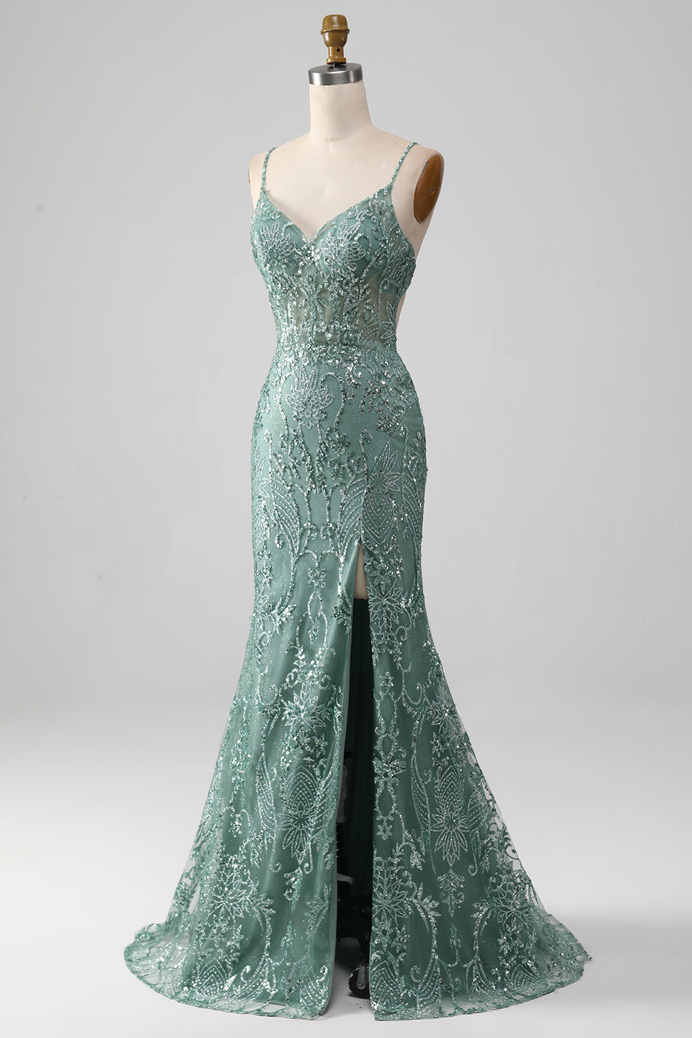 ZAPAKA Women Sparkly Grey Green Prom Dress with Beading Mermaid Spaghetti Straps Party Dress with Slit, Grey Green / US8 ZAPAKA Women Sparkly Grey Green Prom Dress with Beading Mermaid Spaghetti Straps Party Dress with Slit, Grey Green / US8