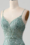 Spaghetti Staps Sparkly Grey Green Prom Dress with Beading