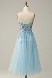 A Line Midi Sweetheart Sequins Sky Blue Prom Dress