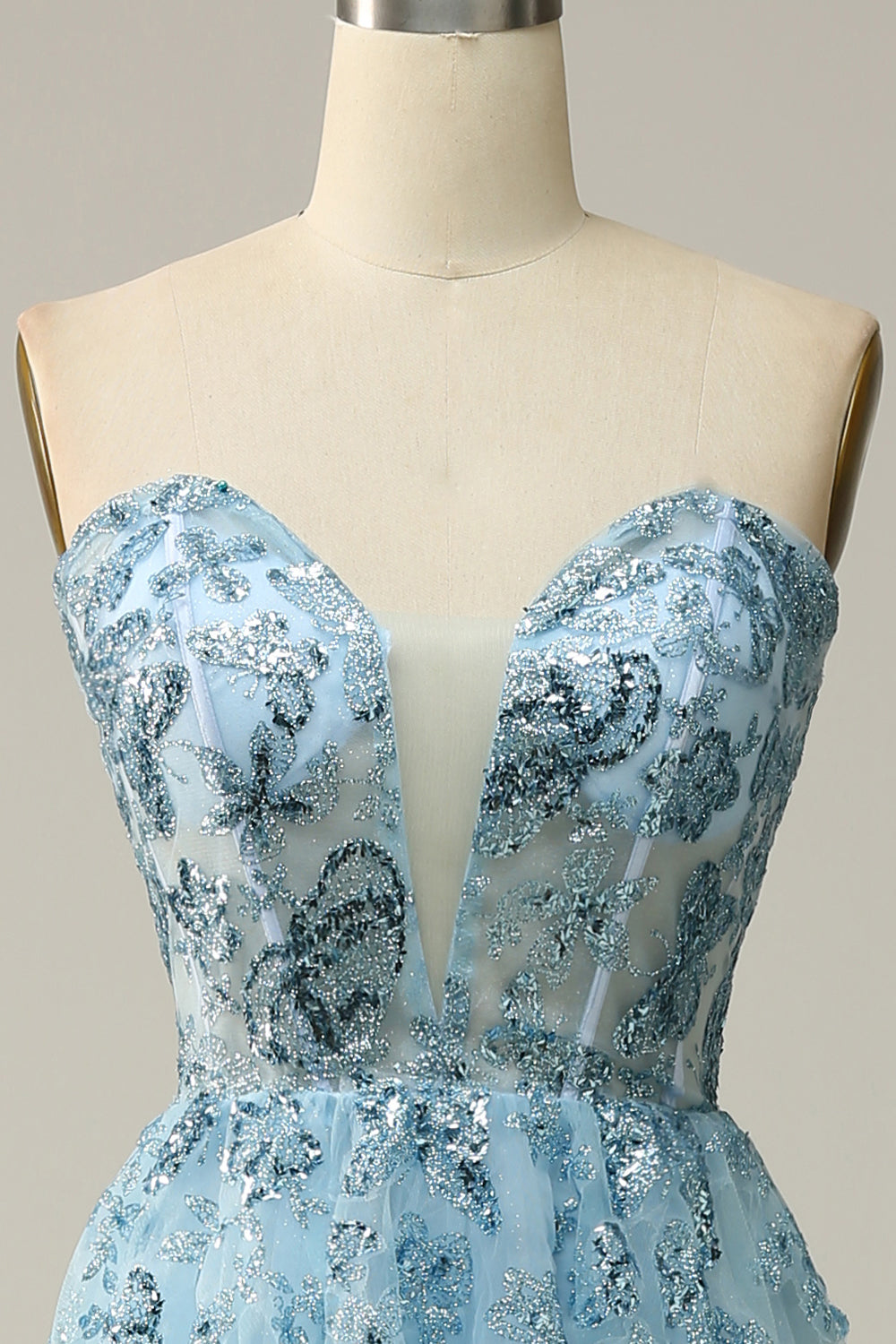 A Line Midi Sweetheart Sequins Sky Blue Prom Dress