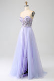 Lavender A Line Tulle Corset Prom Dress with Slit