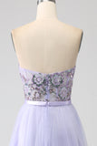 Lavender A Line Tulle Corset Prom Dress with Slit