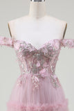 Off the Shoulder Tulle Pink Prom Dress with Appliques