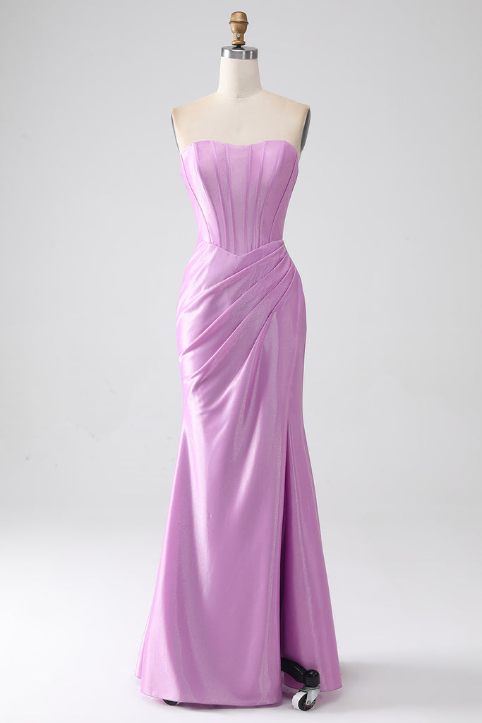 Purple Beaded Mermaid Corset Strapless Long Prom Dress