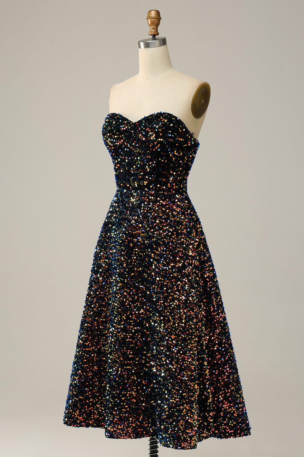 A Line Sweetheart Black Sequins Midi Prom Dress