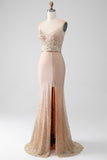 Mermaid Champagne Spaghetti Straps Long Prom Dress with Slit
