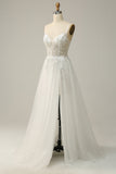 A Line Spaghetti Straps White Long Bridal Dress with Appliques