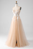 A-Line Champagne Strapless Corset Prom Dress with Appliques