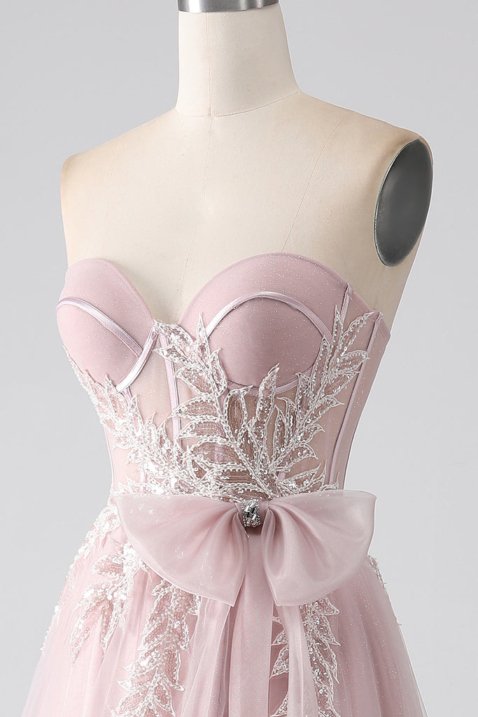 A-line Strapless Pleated Bow Champagne Maxi Prom Dress With Slit
