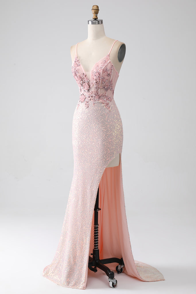 Hot Pink Sequins & Beaded Mermaid Ball Dress with Slit main image 0