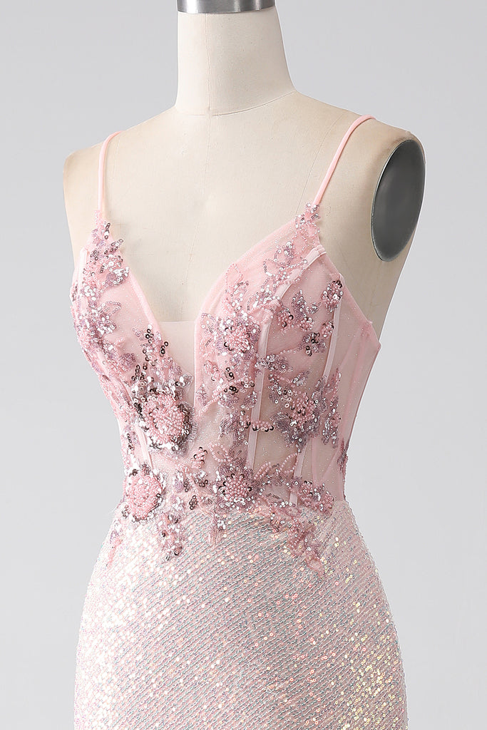ZAPAKA Women Beaded Mermaid Prom Dress with Slit Glitter Pink Spaghetti