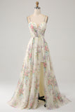 A-Line Flower Printed Ivory Prom Dress with Slit
