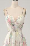A-Line Flower Printed Ivory Prom Dress with Slit