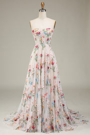 A-Line Sweetheart Corset Long Prom Dress With Flower