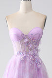 Lavender Printed Strapless Corset Prom Dress with Beading